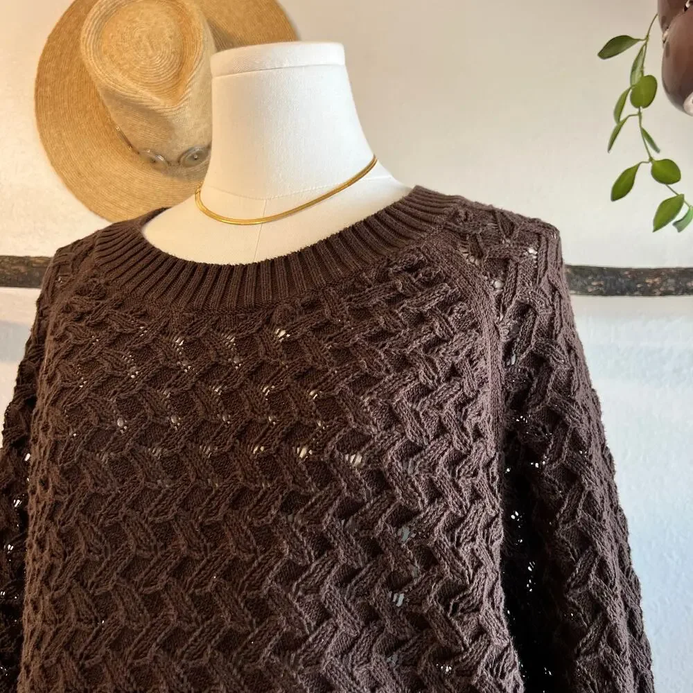 LOFT Cotton Chocolate Brown Chunky Woven Knit Crewneck Sweater Size Large